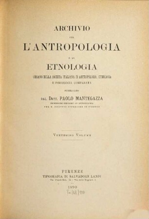 Archivio per l'antropologia e la etnologia. 20, 20. 1890