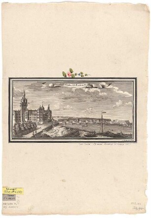 Ansicht der bedeckten Elb-Brücke und vom Schloss Torgau, Kupferstich, 1735 : Stör, Johann Wilhelm : Prospect d. bedeckten Elb-Brücke zu Torgau / I. W. Stör fecit Norib. - [Leipzig] : [Breitkopf] , [1735]. - 1 Kunstbl. : Kupferst. ; 32 x 15 cm