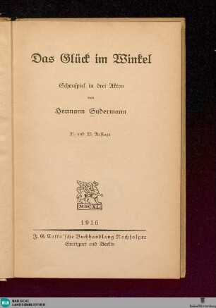Das Glück im Winkel : Schauspiel in 3 Akten