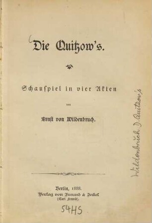 Die Quitzows : Schauspiel in vier Akten