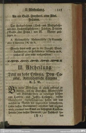 III. Abtheilung. Titul an hohe Collegia, Dom-Capitul, Ritterschaftliche Corpora u. s. w.
