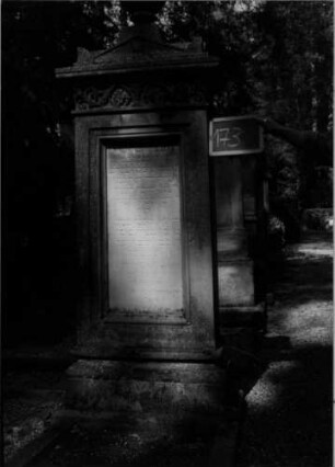 Grabstein 173 (Index: 100109721) Material: Sandstein, weiße Marmorplatte Zustand: gut Maße HxBxT: 235x76x42 cm Beschreibung: Stele, profilierter Sockel, Giebel mit Eckakroteren, Urnenaufsatz, rechteckige Schriftplatte Symbolik: Urnenaufsatz, Voluten, Blätter, Sternchen: Grabstein 173