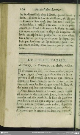 Lettre DLXXIII. A Auray, ce Vendredi, 12. Août, 1689