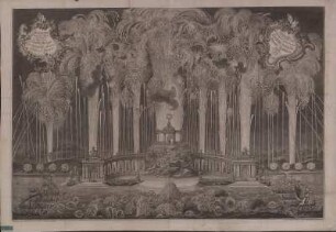 Ansicht des Feuerwerks zur Vermählung in Dresden-Pillnitz, Kupferstich, 1747 : Feu d'Artifice tiré prés de Pillnitz le 29. Juin 1747 à l'occasion du Double Mariage entre les Serenissimes Maisons Saxe et de Baviere = Feuer-Werck welches beÿ Gelegenheit der doppelten Vermählungen der Sächßisch- Baÿrischen und Bayrisch-Sächßischen Häuser den 29. Junj 1747 beÿ Pillnitz abgebranndt worden / designé par Chretien Frederic Exner. Gravé par Laur. Zucchi. - Dresden , 1747