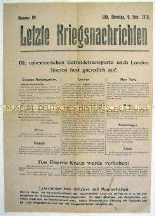 Mitteilungsblatt "Letzte Kriegsnachrichten" mit Kurzmeldungen von verschiedenen Kriegsschauplätzen