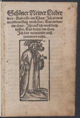Schœner Newer Lieder || drey/ Das erste/ im Thon/ Jch armes || meydlein klag mich seer. Das ander/|| im thon/ Jspruck ich muß dich || lassen. Das dritte/ im thon || Jch bin verwundt auß || jammers noht.||[v.(Georg Pirger ... ||)]