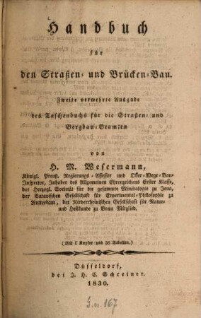 Handbuch für den Straßen- und Brücken-Bau : mit 1 Kupfer und 36 Tabellen