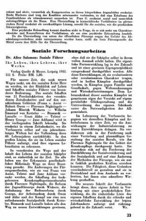 Dr. Alice Salomon: Soziale Führer [Soziale Forschungsarbeiten]