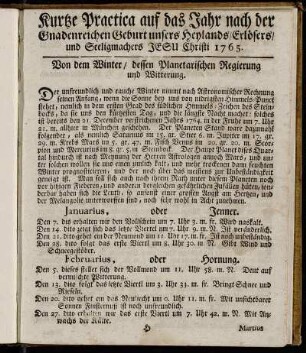 Kurtze Practica auf das Jahr nach der Gnadenreichen Geburt unsers Heylands, Erlösers, und Seeligmachers Jesu Christi 1765.