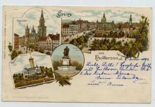 Mehrbildkarte, 4 Motive: Neckarbrücke mit Postamt 1, Kilianskirche, Wartberg, Robert-Mayer-Denkmal