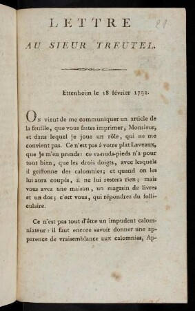 Lettre Au Sieur Treutel : Ettenheim le 18 février 1792
