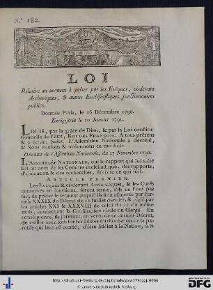 Loi Relative au serment à prêter par les Évêques, ci-devant Archevêques, & autres Ecclésiastiques fonctionnaires publics.