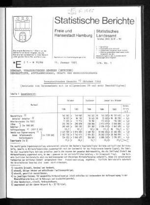 Verarbeitendes Gewerbe Oktober 1984 : Lfd. Nr. 1