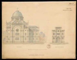 Synagoge Monatskonkurrenz April 1873: Aufriss Vorderansicht, Seitenansicht; Maßstabsleiste