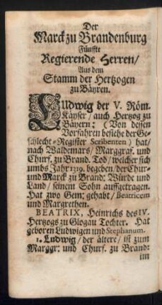 Der Marck zu Brandenburg Fünffte Regierende Herren/ Aus dem Stamm der Hertzogen zu Bäyren.