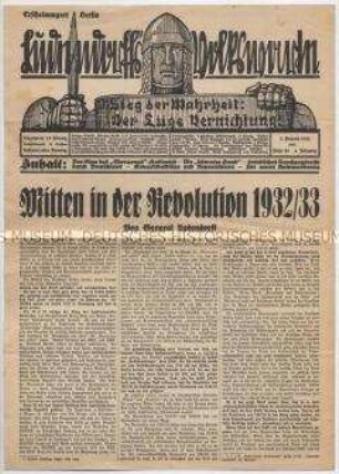 Nachdruck des Titelblattes von "Ludendorffs Volkswarte" mit dem Leitartikel von Ludendorff über die "Revolution 1932/33"