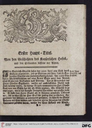 Erster Haupt-Titul: Von den Geschichten des Kayserlichen Hofes, und den Erblanden disseits der Alpen