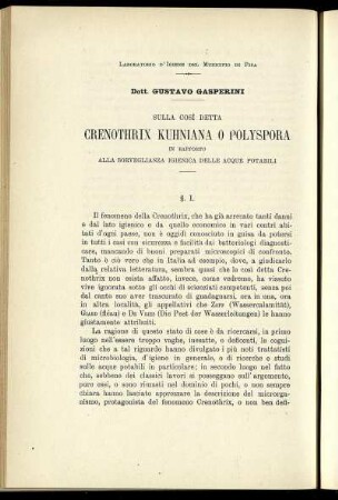Sulla Cosi Detta Crenothrix Kuhniana O Polyspora In Rapporto Alla Sorveglianza Igienica Delle Acque Potabili