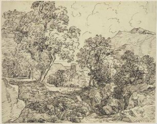 Gebirgslandschaft mit hohen Bäumen und Staffagefiguren