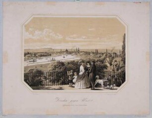 Stadtansicht von Dresden, Blick von der rechten Elbseite auf die Altstadt nach Südost, im Vordergrund Arbeiter mit ihren Booten