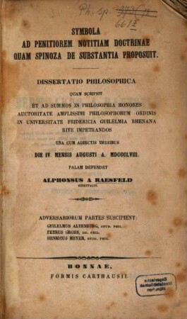 Symbola ad penitiorem notitiam doctrinae quam Spinoza de substantia proposuit : dissertatio philosophica