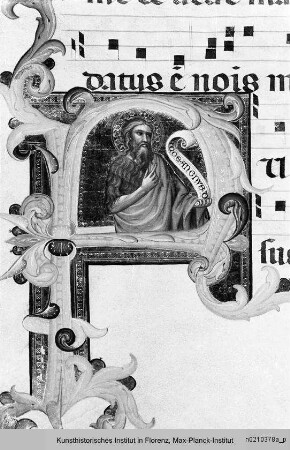 Antiphonar zu Dante Alighieri : Textseite mit historisierter Initiale F: Johannes der Täufer