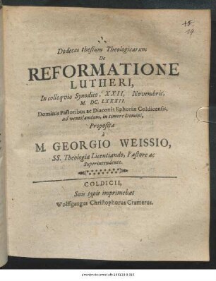 Dodecas thesium Theologicarum De Reformatione Lutheri