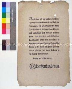 Bekanntmachung des Rates zu Leipzig über die verschobene Rückkehr von Friedrich August I. König von Sachsen
