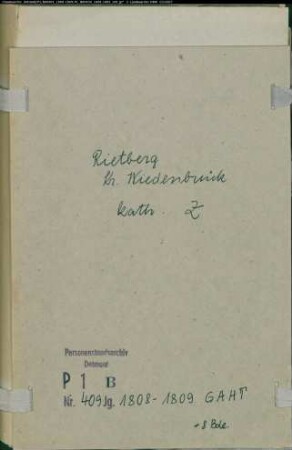 Zivilstandsregister der katholischen Gemeinde Rietberg, Kreis Wiedenbrück (GAHT 1808-1809). (Gemeinde: Katholische Gemeinde Rietberg, Kreis Wiedenbrück)