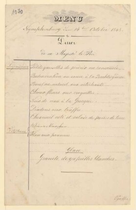 Menükarte : Diner de Sa Majesté Le Roi