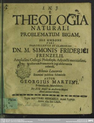 E theologia naturali problematum bigam