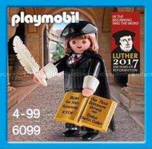 Spielfigur "Martin Luther" mit Bibel und Schreibfeder im Originalkarton, mit Beiblatt "Luther 2017" und Minikatalog "Playmobil"