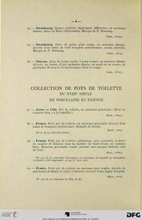 Collection de Pots de Toilette du XVIIIe siècle en porcelaine et faience (Nr. 17-83) avec planche
