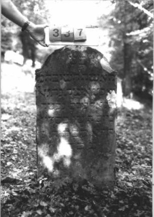 Grabstein 337 (Index: 99799751) Material: Sandstein Zustand: verwittert Maße HxBxT: 106x51x8 cm Beschreibung: Stele, geschwungen eingezogener Segmentbogenabschluß: Grabstein 337