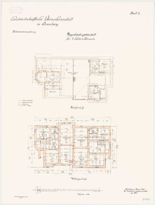 Landwirtschaftliche Versuchsanstalt, Bromberg Doppelwohngebäude II für 2 Höhere Beamte: Grundriss Kellergeschoss Dachgeschoss 1:100