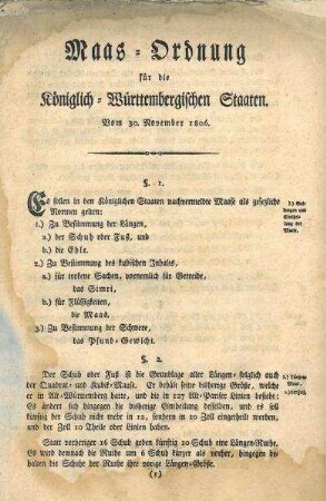 "Maasordnung für die Königlich=Württembergischen Staaten"