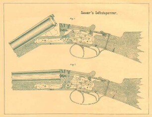 Schnittzeichnung Seitenschlossflinte, Waffe geöffnet und geschlossen