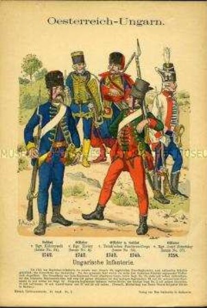 Uniformdarstellung, Gemeine und Offiziere verschiedener Ungarischer Infanterie-Regimenter, Kaiserreich Österreich-Ungarn, 1742/1758.