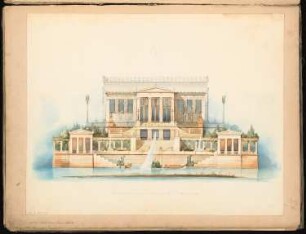 Wohnung eines Architekten Schinkelwettbewerb 1852: Aufriss Gartenansicht (Seeseite); Maßstabsleiste