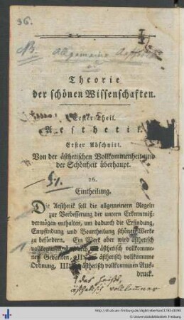 Erster Abschnitt. Von der ästhetischen Vollkommenheit überhaupt.