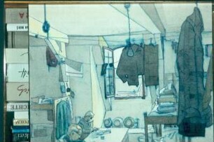 Kriegsgefangenenbaracke (in Frankreich). Pinsel, Wasserfarben, Tusche, Feder (1947/1948; H. Rose)