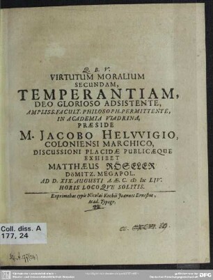 Virtutum moralium secundam temperantiam deo glorioso adsistente