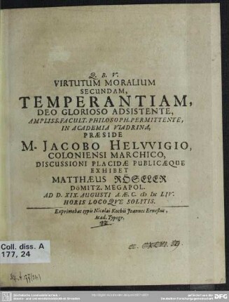 Virtutum moralium secundam temperantiam deo glorioso adsistente