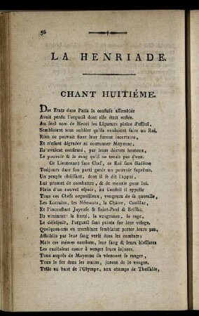 La Henriade. Chant Huitiéme. / Heinrich der Vierte. Achter Gesang.