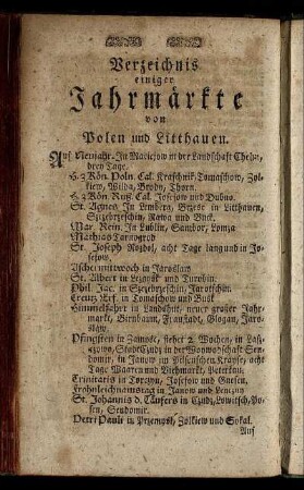 Verzeichnis einiger Jahrmärkte von Polen und Litthauen.