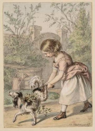 Mädchen mit Hund im Garten spielend