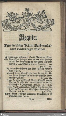 Register Derer in diesem Dritten Bande enthaltenen merckwürdigen Materien