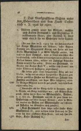 F. Das Markgrafthum Mähren unter den Beherrschern aus dem Hause Oesterreich v. J. 1526 bis 1810