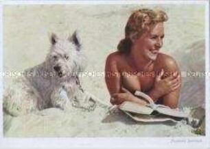 Frau mit Hund am Strand