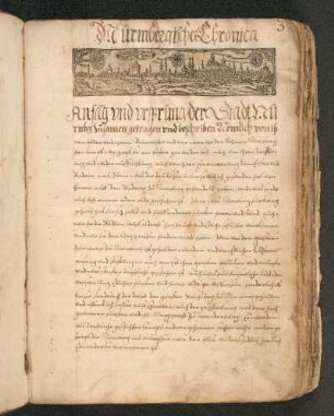 Zum Textanfang eingeklebter Holzschnitt: Nürnberg, Vedute
